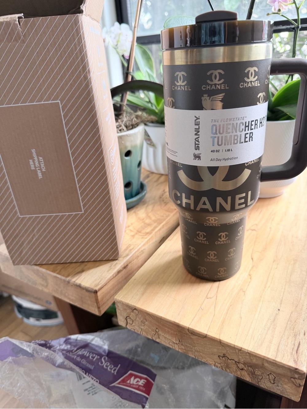 CHANEL Gold and Brown Logo Travel Tumbler